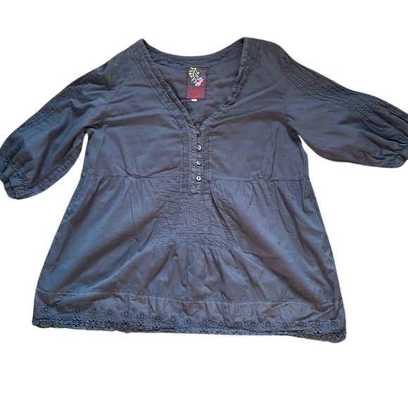 Johnny Was Tops - Johnny Was Boho Cottagecore Whimsigoth Navy Babydoll Lace Flowy Blouse SzXL